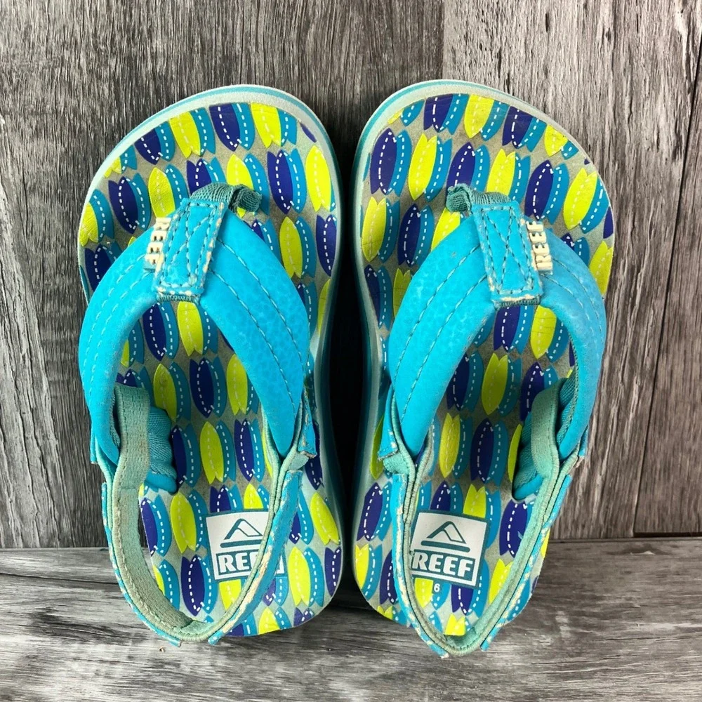 Reef Little Ahi Toddler Sandals Blue Surfboard Print Backstrap Flip Flops Size 6